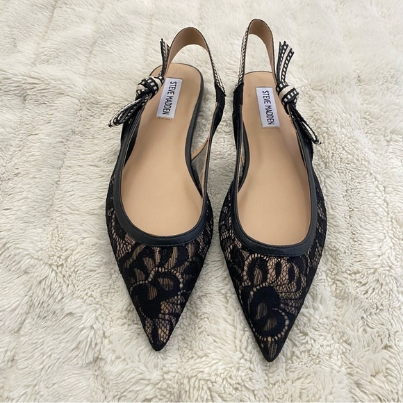 Steve Madden Black & Cream Lace Pointed Toe Slingback Flats Shoes New Size 7.5 - Picture 1 of 12